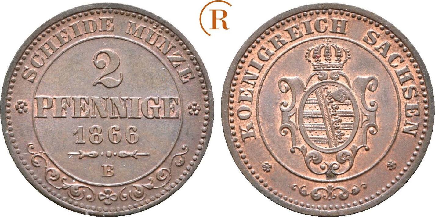 Sachsen: 2 Pfennig 1866 B Johann, 1854-1873: Prägefrisch | MA-Shops