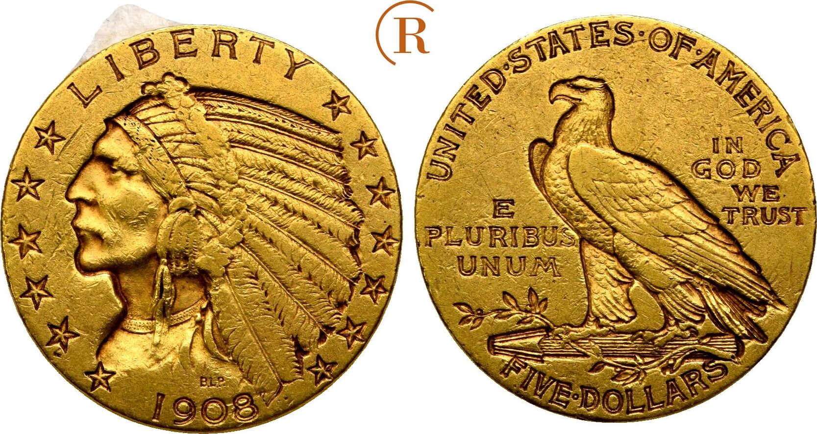 USA 5 Dollar Indian Head GOLD Philadelphia 1908 Ss MA Shops