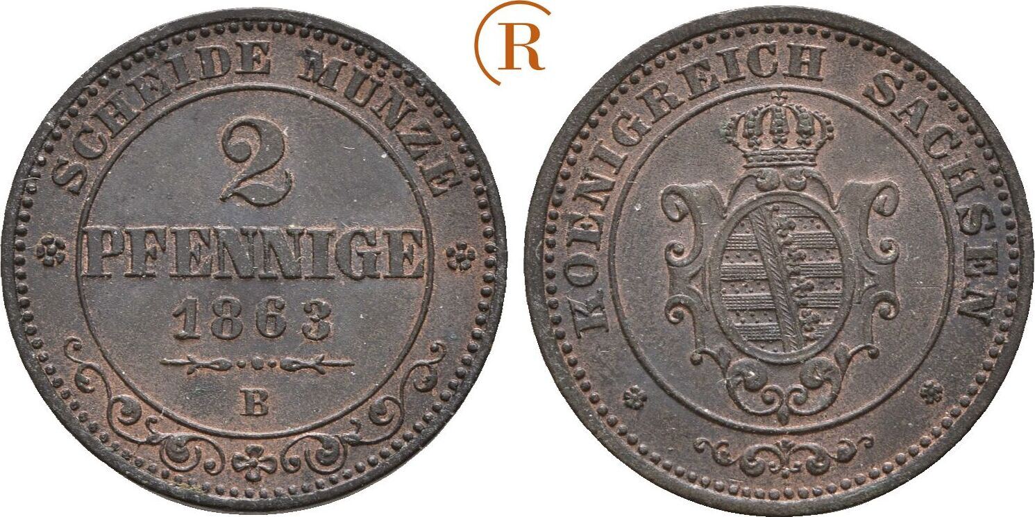 Sachsen: 2 Pfennig 1863 B Johann, 1854-1873: Prägefrisch, Feine Patina ...