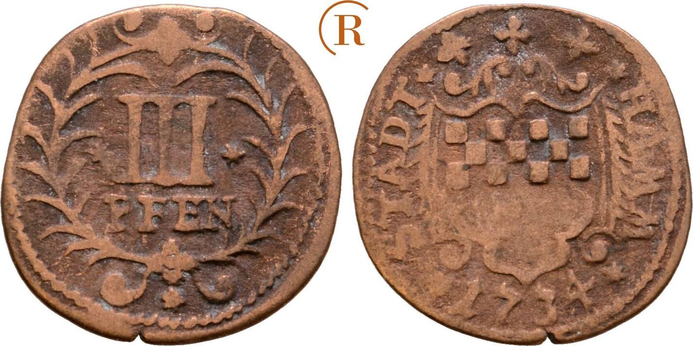 Hamm Stadt: 3 Pfennig 1734 ss | MA-Shops