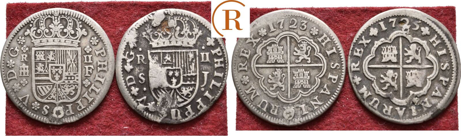 Spanien Königreich 2 Reales Lot 2 Stück 1723 und 1725 Philipp V, 1700