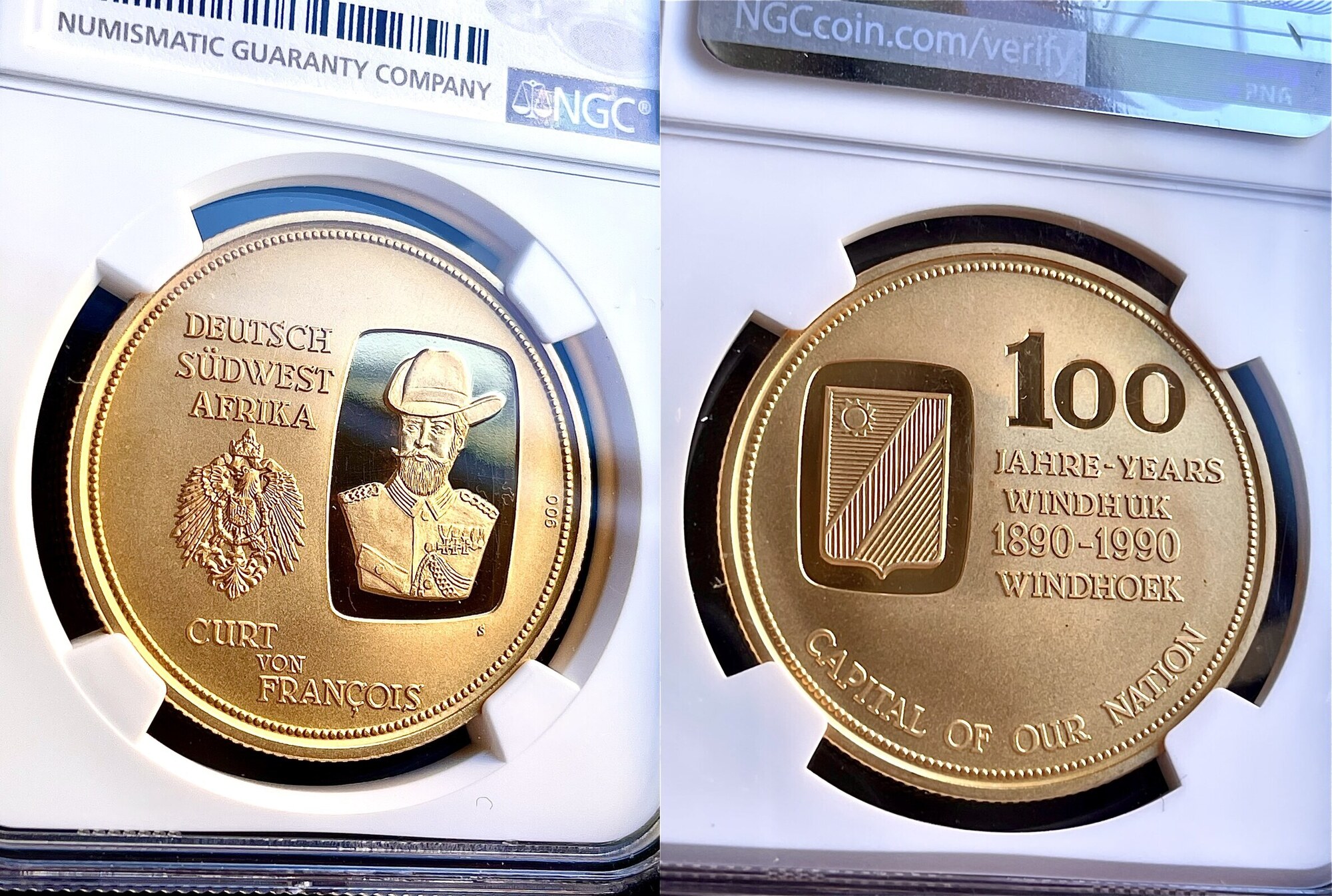 G.W.AFRICA GOLD Namibia 100 Jahre Windhoek 1990 NGC PF 69 ULTRA