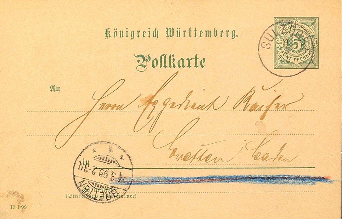 Württemberg Stempel ab dem 01.07.1875 SULZDORF 4 3 99 K1, auf GS