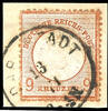 Deutsches Reich 9 Kr. großer Schild, rötlichbraun, auf Briefstück gest. DARMSTADT, übliche Zähnung, gepr. Sommer BPP, Mi. 550.- -