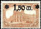 Deutsches Reich 1.50 Mark auf 1 Mark Mittelsiena, Plattenfehler I 1 des Aufdrucks 1.50 mit breitem Kopf, nur auf Feld 1,8 und 10 einer Teilauflage vorkommend, tadellos postfrisch, Fotobefund Tworek BPP (2016): echt, einwan -