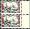 Deutsche Post in der Türkei 15 Piaster auf 3 Mark Deutsches Reich mit Inschrift Reichspost, Aufdruck in Type I, senkrechtes Typenpaar mit den Urmarken Typen I (untere Marke) und II (obere Marke) vom rechten Bogenrand mit Passerkreuz, tad -