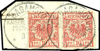 Deutsch-Ostafrika - Vorläufer 10 Pfennig Krone/Adler im Paar auf Briefstück mit zwei Entwertungen BAGAMOYO KAISERL.DEUTSCHE POSTAGENTUR, tadellos, Mi./Steuer 300.- -