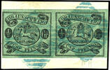 Braunschweig 1/2 Groschen / 5 Pfennig schwarz auf lebhaftgraugrün, vollrandiges und farbfrisches, waagerechtes Kabinettpaar - lediglich links Lupenrand mit teils Randlinienschnitt, entwertet mit zwei blauen Nummernstempel 37. -