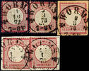 Thurn & Taxis Nachverwendungen WORMS - K1 mit Malteserkreuzen, je klar mit Daten aus 1872, 1873 u. 1874 auf 3 Kr. kleiner bzw. 2x 3 Kr. großer Brustschild sowie mit Datum vom 18.1.1875 auf Briefstück mit 2x 1 Gr. großer Brustschi -