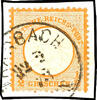 Deutsches Reich 1/2 Gr. orange, Prägeausfall unten rechts am Schild, kleines Markenformat L15, mit K1 TRARBACH 22 9 73 auf Briefstück, Fotobefund Sommer BPP sehr gut erhalten -