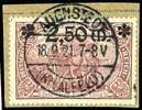 Deutsches Reich 2,50 Mark auf 2 Mark dunkelkarminbraun, gestempelt 'Auen... 675,00 EUR  zzgl. 5,00 EUR Versand