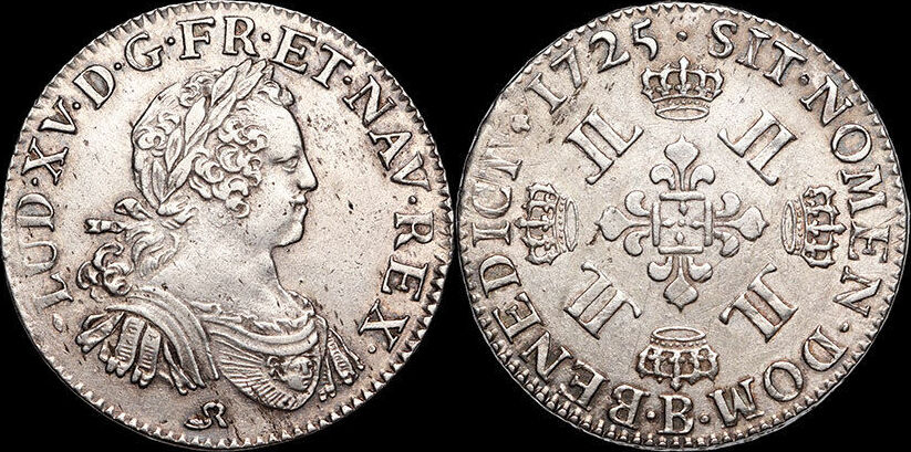 Frankreich Louis XV (17151774) Demiécu aux 8L 1725 Rouen EtatTrès