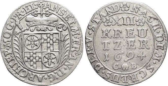 MainzErzbistum 12 Kreuzer 1694 CB Anselm Franz von Ingelheim 16791695