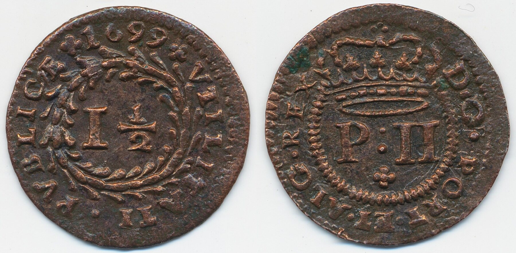 Mynter 1 1/2 Reis Portugal 1699 XF, cleaned | MA-Shops
