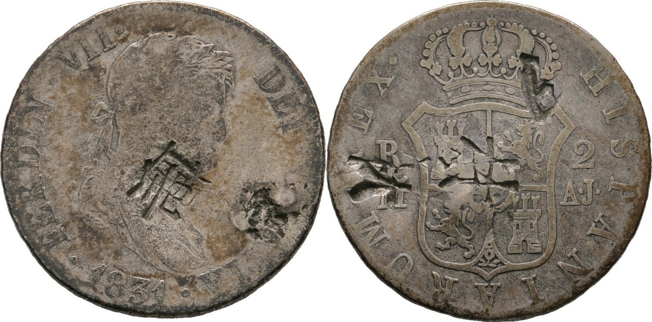 Spanien 2 Reales 1831 Ferdinand VII., 18081833 mit Gegenstempel, ss