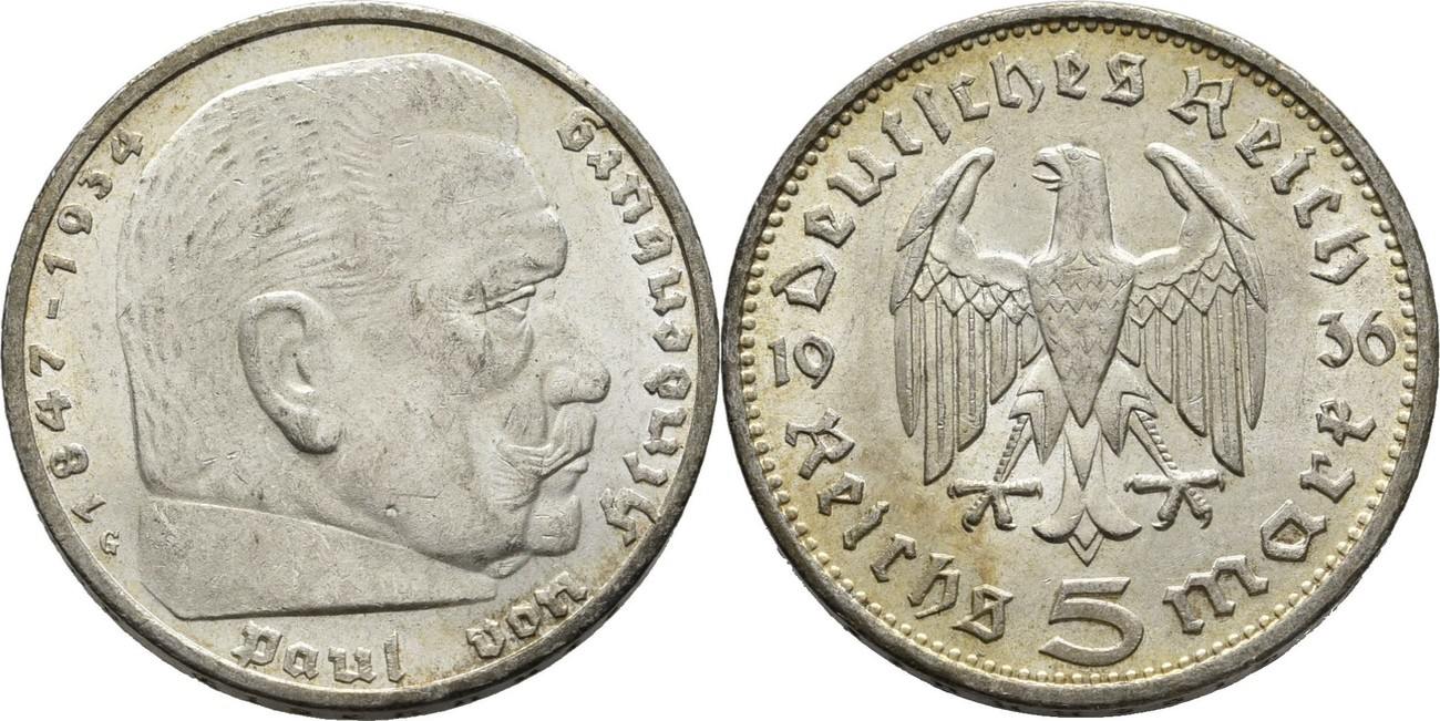 Deutsches Reich 5 Reichsmark 1936 G Hindenburg winzige Kratzer, Randunebenheiten, vz