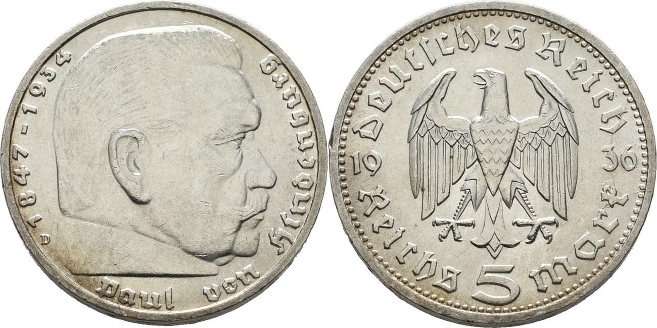 Deutsches Reich 5 Reichsmark 1936 D Hindenburg winzige Kratzer, Randfehler, vz