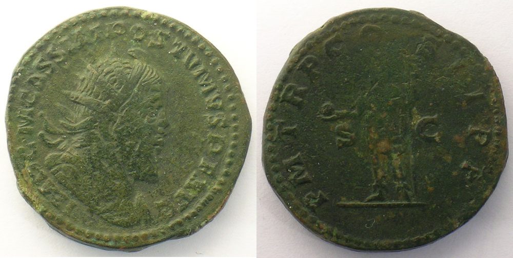 Münzen Postumus (260269) Doppelsesterz R/ P M TR P COS II P P SC