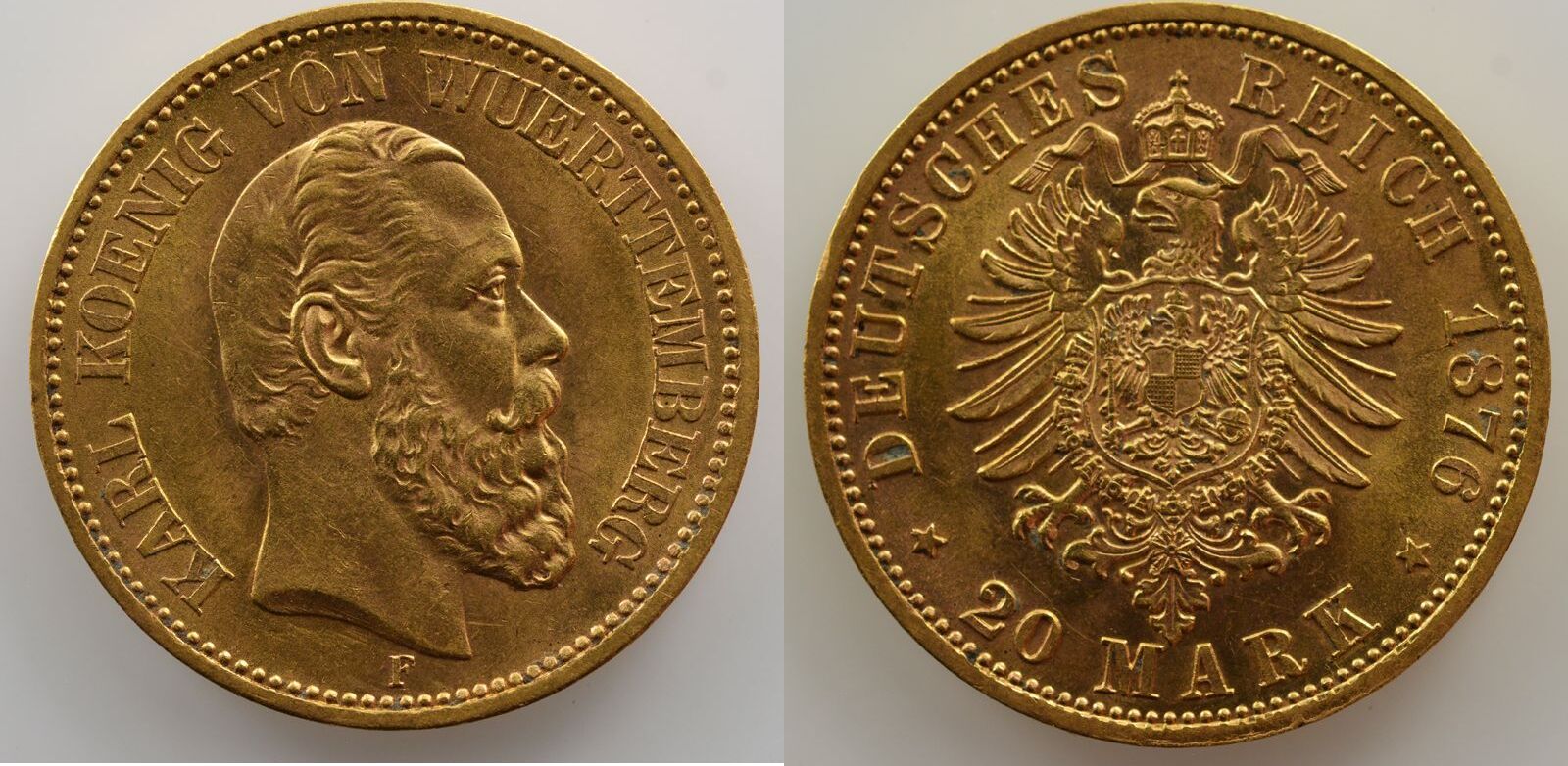 Deutsche Münzen 20 Mark 1876 F Königreich von Württemberg Karl I (1864