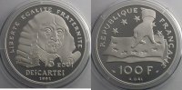 Münzen Frankreich 1959-2001 100 Francs/15 Ecus Descartes 1991 37mm 22,2 g - Ag 900 mill. BE
