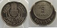 Münzen 5 Francs Tunesien Mohamed Lamine, Bey, Lec.314 1954 Essai PCGS-SP66 FDC -