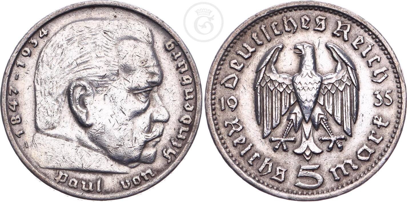 5 Deutsche Reichsmark Paul Von Hindenburg 1935 Drittes Reich 1935 A 5 Reichsmark Paul von Hindenburg ss | MA-Shops