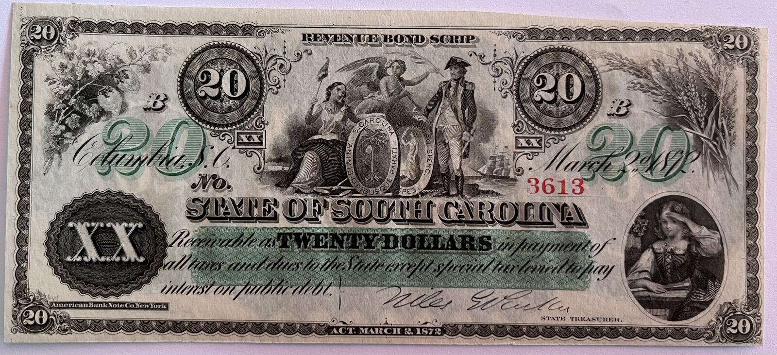 South Carolina twenty dollars 1872 AU/UNC
