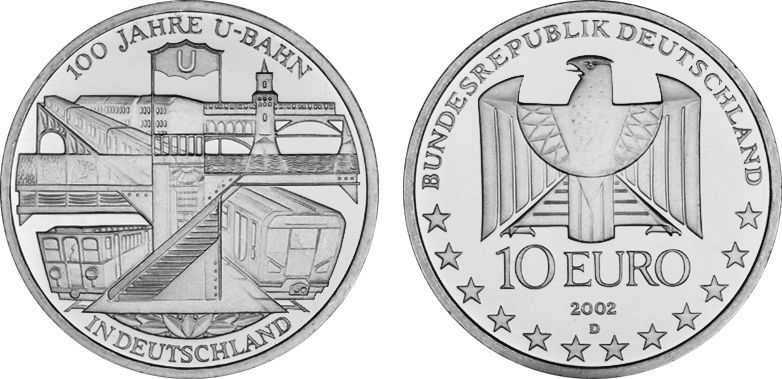 10 Euro Gedenkmünze 2002 BRD Silber 100 Jahre U Bahn in