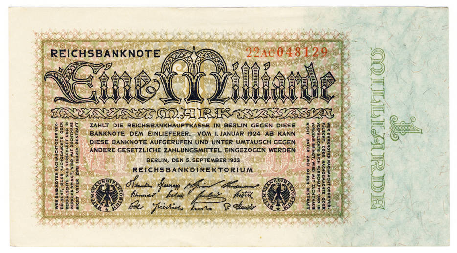 1 Milliarde Mark - Reichsbanknote 5.9.1923 Nur Einseitig Bedruckt ...