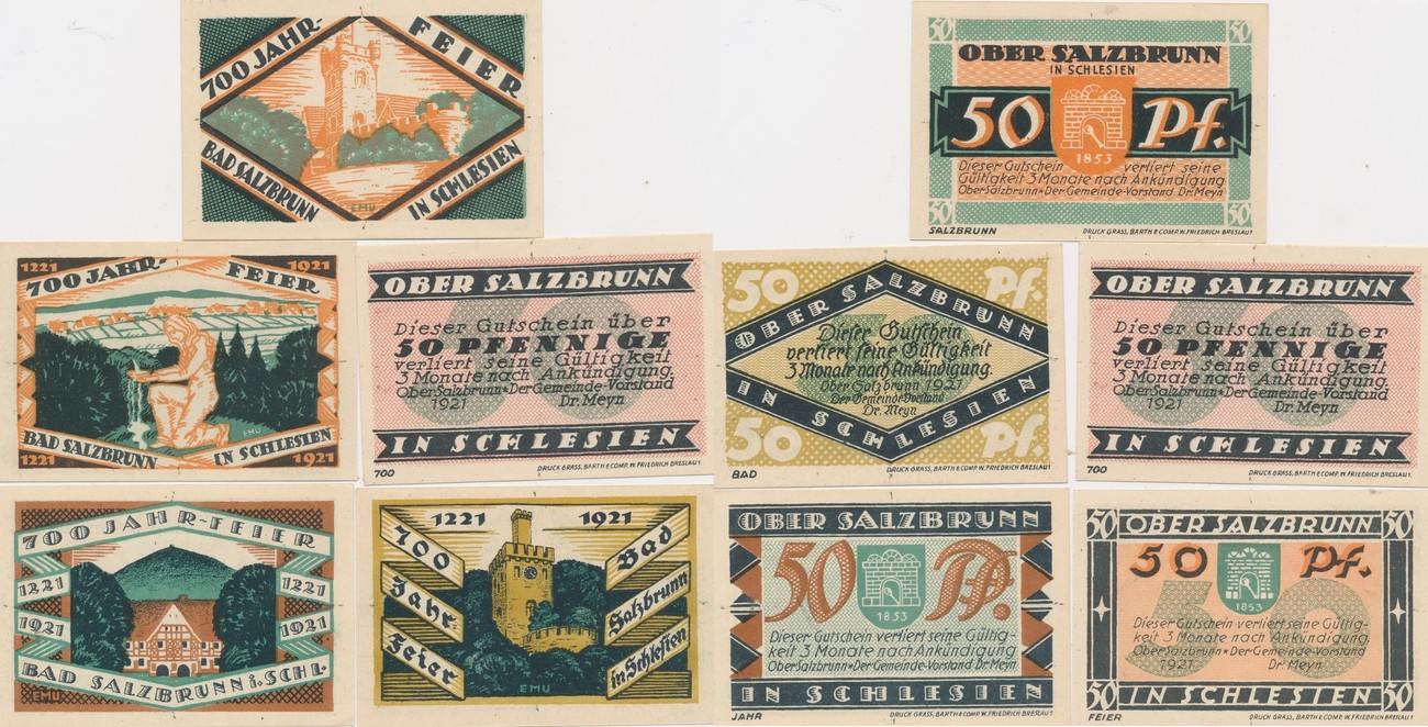 Bad Salzbrunn 1921 Notgeldscheine zur 700 Jahr Feier 5 x 50