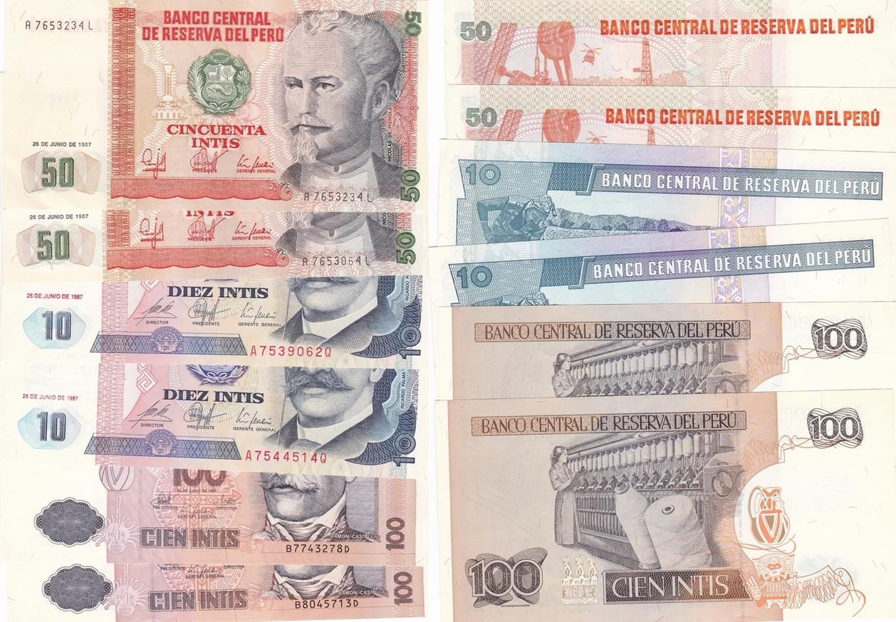 Peru 50 100 Intis Lot 1987 6 Banknoten Bankfrisch Ma Shops