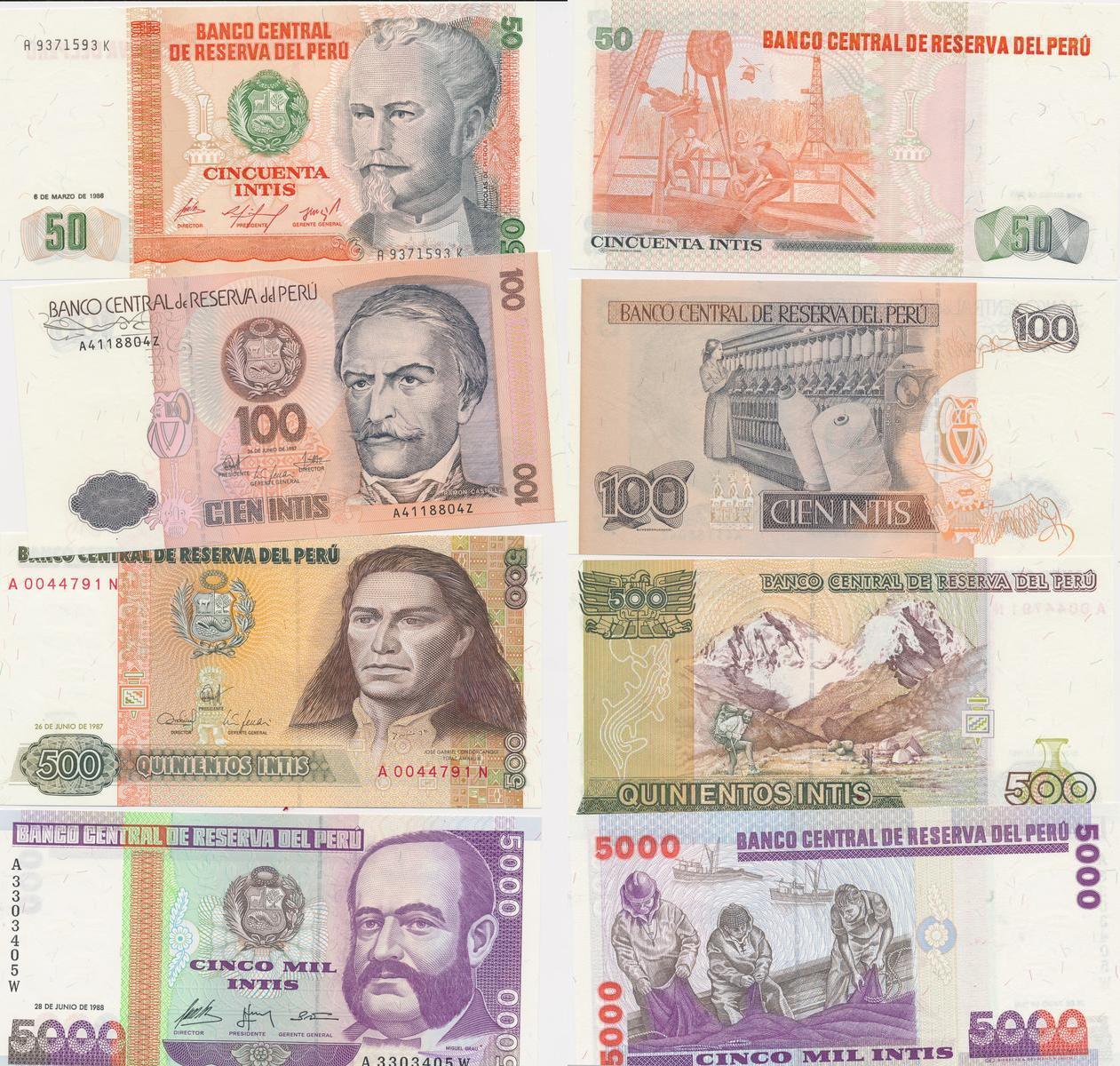 Peru Banknoten 50 100 500 5000 Intis Um 1980 Ma Shops