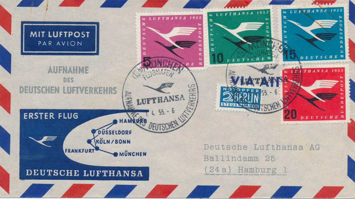 BRD 1955 Brief Luftpost postalisch gelaufen und datiert mit
