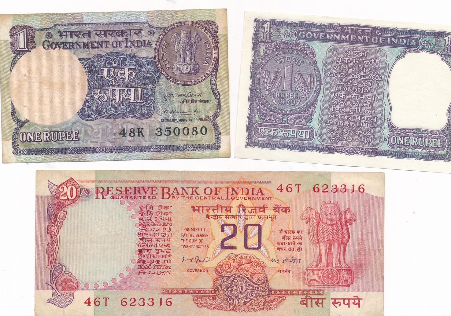 Indien 3 Versch Banknoten Um 1970 1 Und Rupees Ma Shops