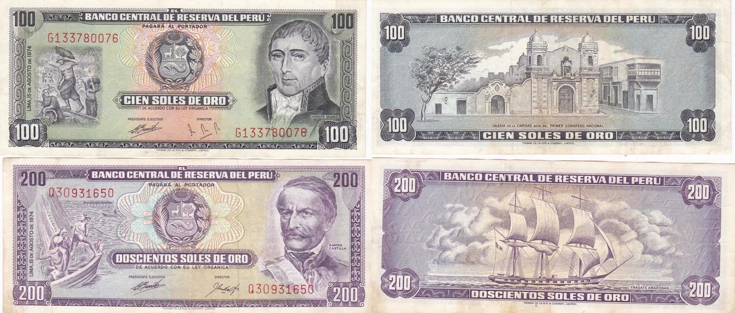 Peru 100 und 200 Soles 1974 Geldschein Banknote 2 Stück Lot I-II | MA-Shops