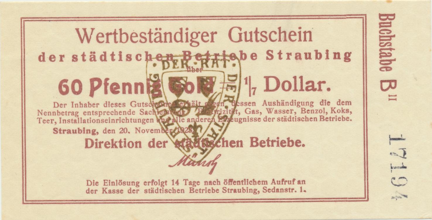 straubing-1923-wertbest-ndiger-gutschein-60-pfennig-1-7-dollar