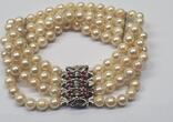 Perlenschmuck Perlenarmband 4 reihiges Armband 14K 585er Gold Verschluß mit Rubin, Akoya Perlen getragen, mit Gebrauchsspuren