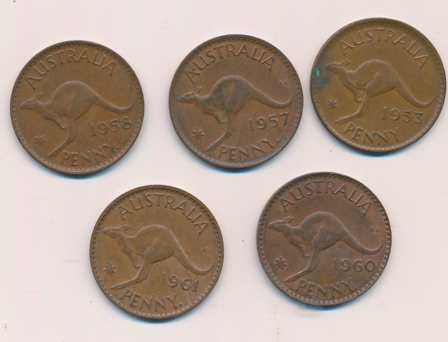 australien-5x-1-penny-1953-1961-lot-von-5-m-nzen-elisabeth-ii-seit