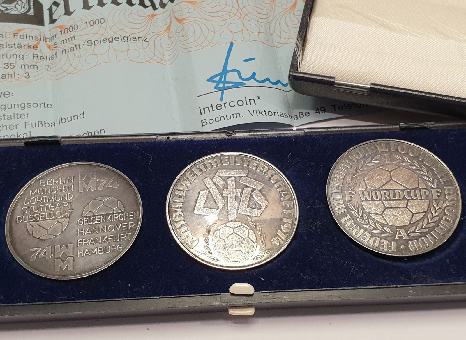 Deutschland 3x Silber Medaillen 1974 WM 74 Fussball Weltmeisterschaft Feinsilber mit Zertifikat