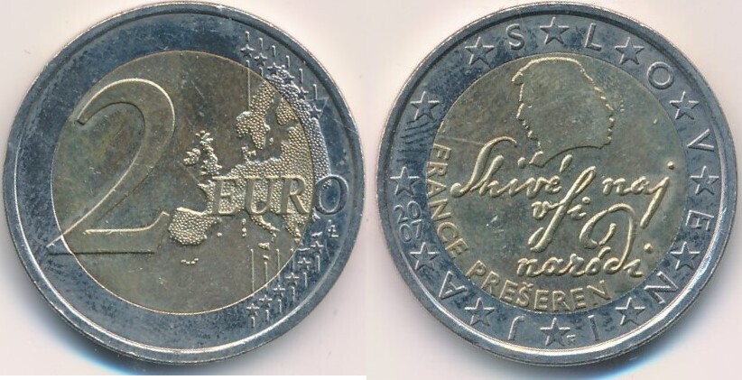 2 Euro Münze Slowenien 2007 France Preseren Wert Slowenien 2 Euro 2007 France Preseren vz in Münzrämchen | MA-Shops