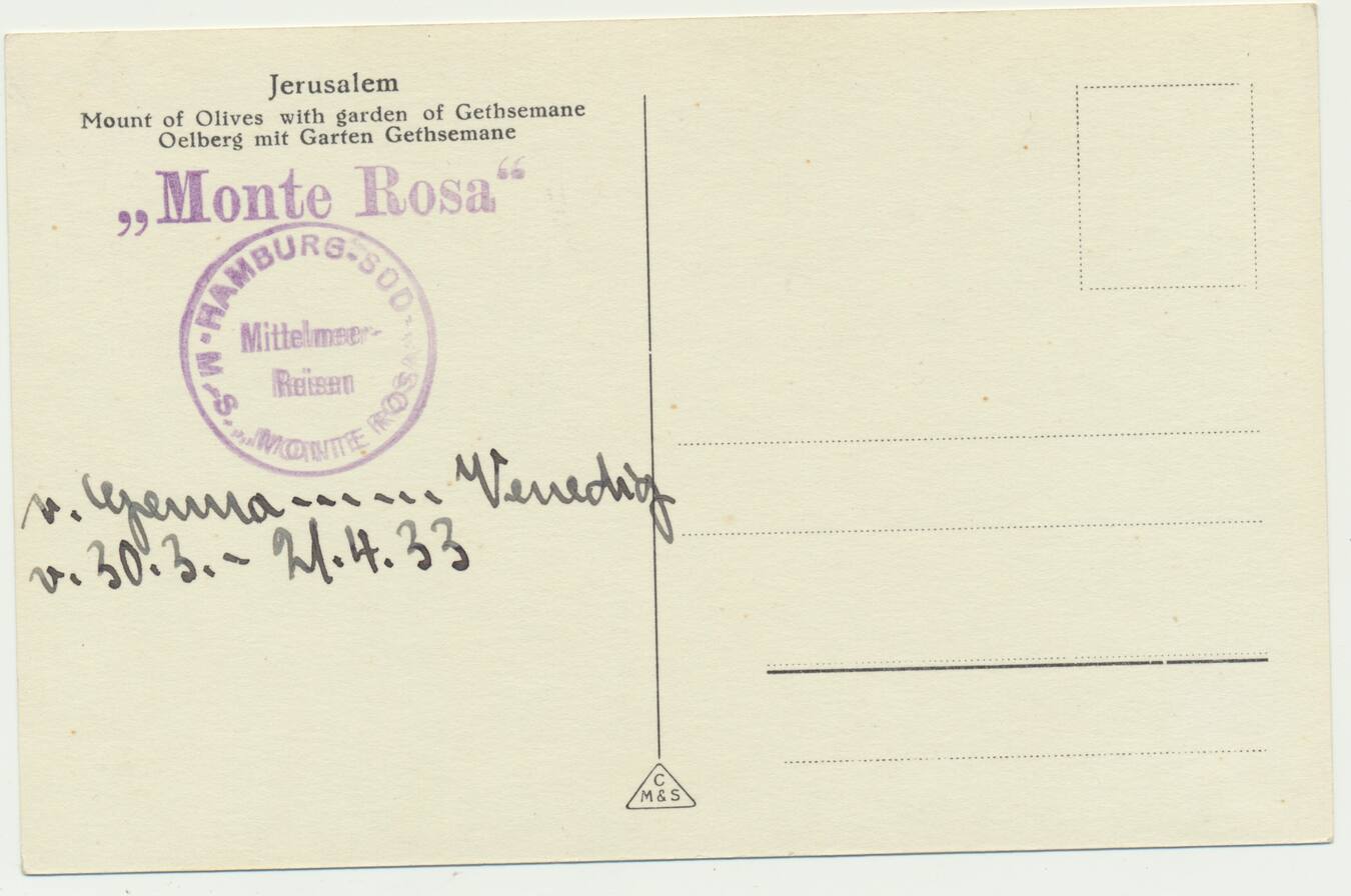 AK Jerusalem / Garten Gethsemane mit Schiffsstempel Monte Rosa 1933