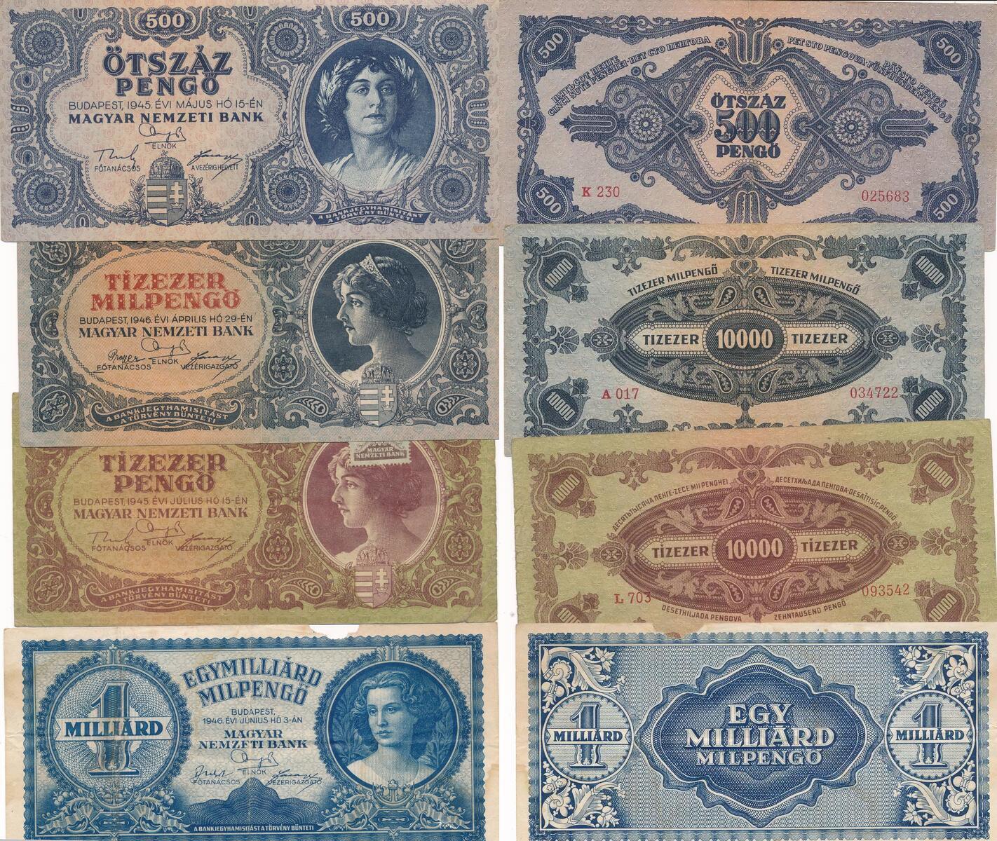 ungarn-500-1000-10000-1-miallarde-peng-1945-1946-4-st-ck-banknote