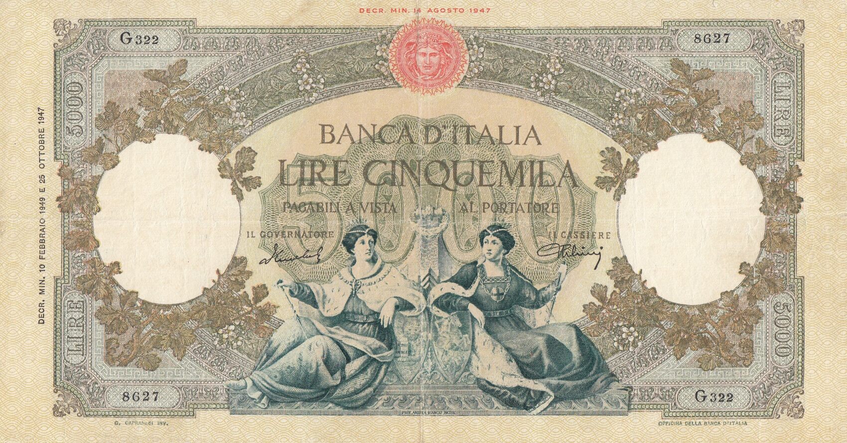 Italien 5000 Lire 1949 Banknote Geldschein Lire Cinquemila Banca D italien-5000-lire-1949-banknote-geldschein-lire-cinquemila-banca-d