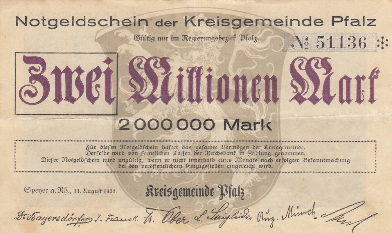 Deutschland Deutsches Reich 2 Millionen Mark 1923 Notgeldschein Notgeld