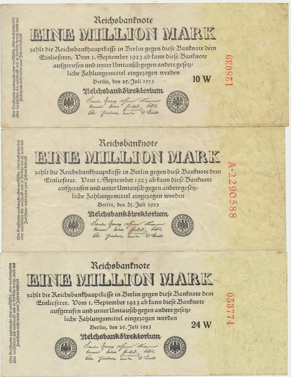 3 Reichsbanknoten-Reproduktionen – 20, 50 & 500 Millionen Mark, 1923 – Sammlerstück & Deko