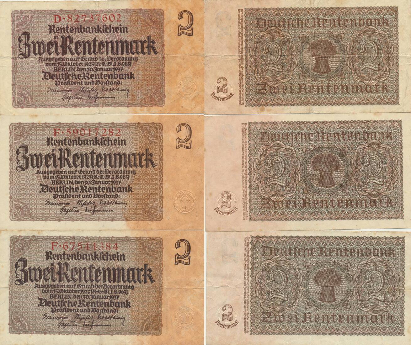 Deutschland Zwei Rentenmark 1937 3 Rentenbankscheine, Reichsdruck, KN ...