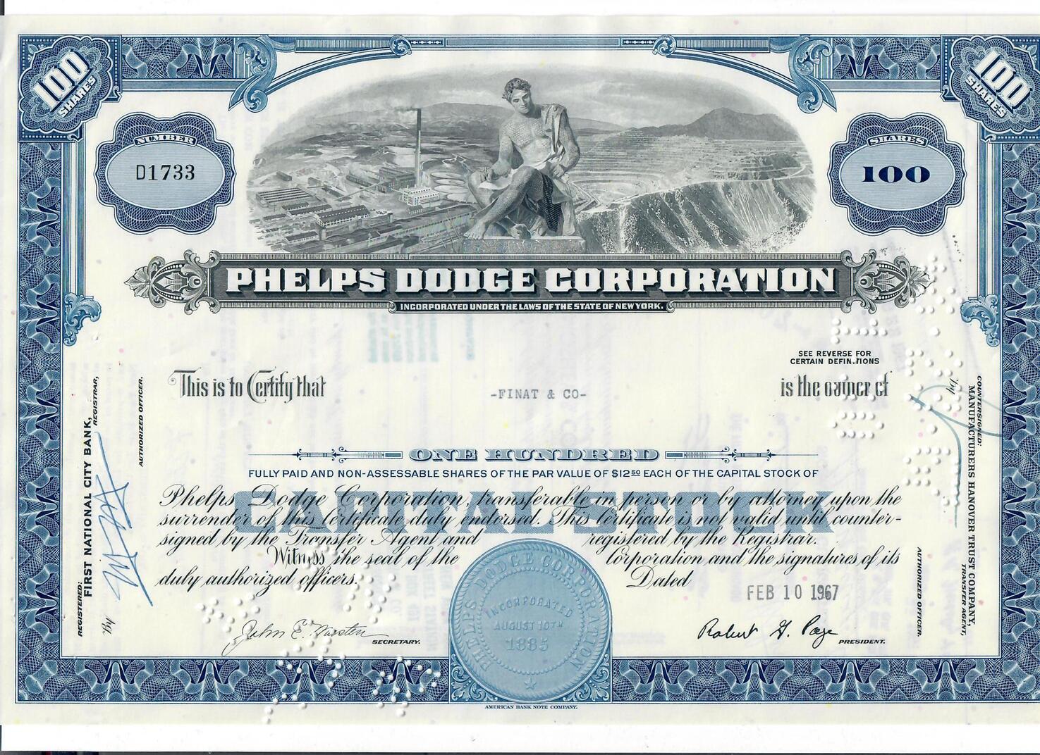 USA 100 Shares Phelps Dodge Corporation 1967, Aktie Wertpapier II- |  MA-Shops