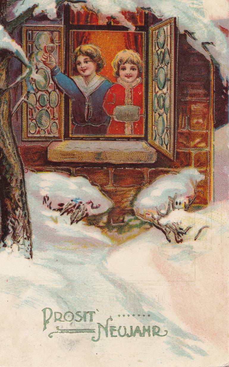 Prägedruck Datum 1. Januar - Biedermeier Ornamente - Mädchen, Hufeisen AK  Neujahr: Ansichtskarten-Center Onlineshop