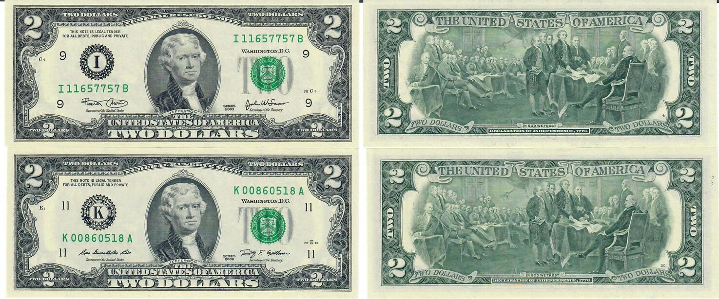 USA 2 Dollars 2003, 2009 Banknote Geldschein 2 Stück 2 Dollar (2003 und 2009) (unc) Lot