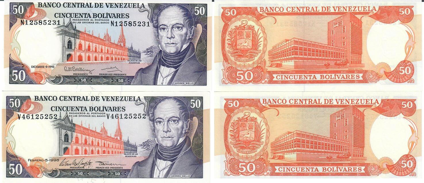 Venezuela 1992, 1998 Banknote Geldschein 2 Stück 50 Bolivares